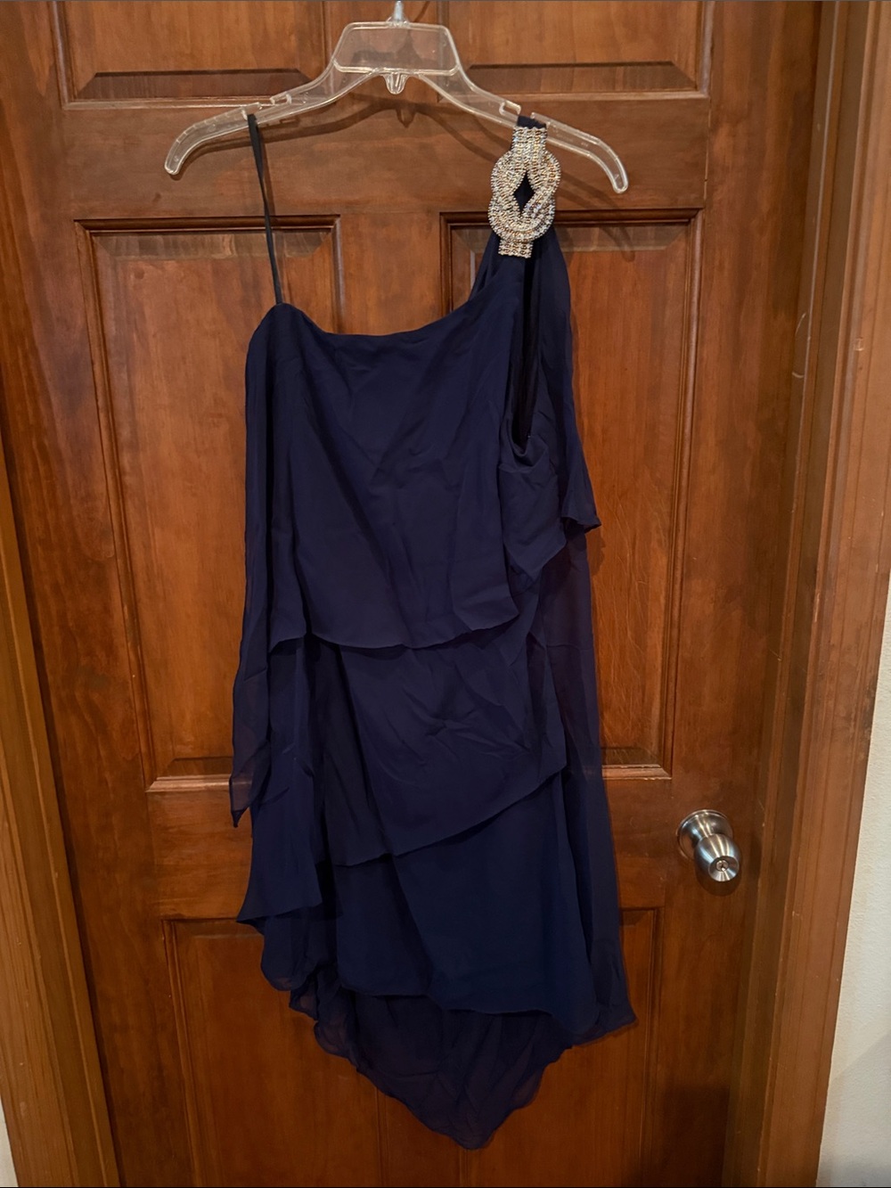 Betsy & Adam Navy One-Shoulder Layered Ruffle Dress with Crystal Accent